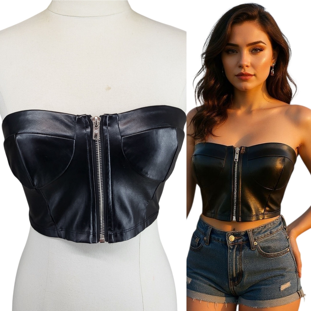 Shein Black Faux Leather Tube Bustier Crop Top Strapless Zip Up Y2k Size XS